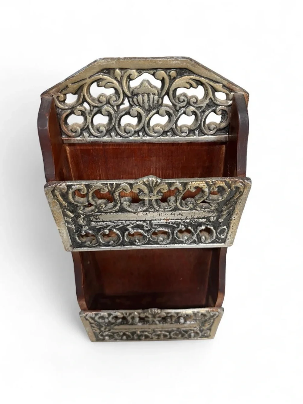 Mail Organizer- Wood & Aluminum, Hand Crafted, Scroll Detail, Vintage 70's